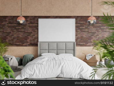 3D illustration Mock up poster frame in bedroom interior, Decorated with beautiful and comfortable furniture, Rendering