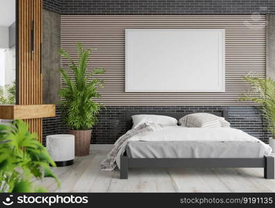 3D illustration Mock up poster frame in bedroom interior, Decorated with beautiful and comfortable furniture, Rendering