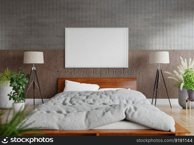 3D illustration Mock up poster frame in bedroom interior, Decorated with beautiful and comfortable furniture, Rendering