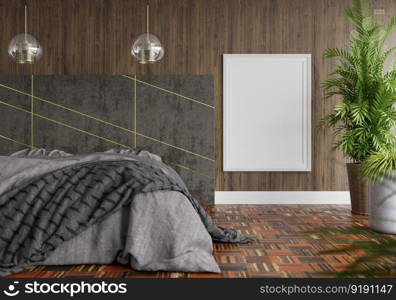 3D illustration Mock up poster frame in bedroom interior, Decorated with beautiful and comfortable furniture, Rendering