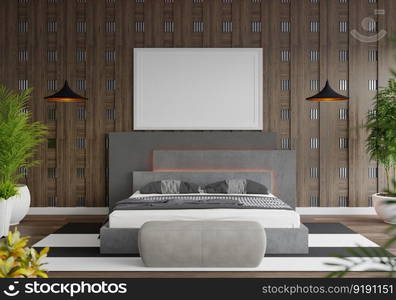 3D illustration Mock up poster frame in bedroom interior, Decorated with beautiful and comfortable furniture, Rendering