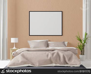 3D illustration Mock up poster frame in bedroom interior, Decorated with beautiful and comfortable furniture, Rendering