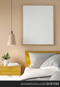 3D illustration Mock up poster frame in bedroom interior, Decorated with beautiful and comfortable furniture, Rendering