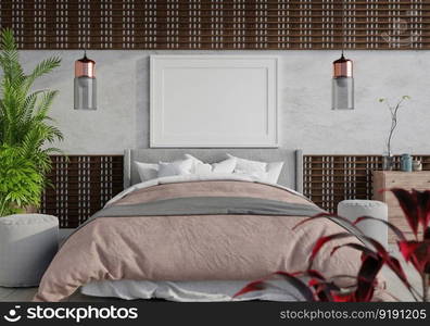 3D illustration Mock up poster frame in bedroom interior, Decorated with beautiful and comfortable furniture, Rendering