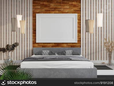 3D illustration Mock up poster frame in bedroom interior, Decorated with beautiful and comfortable furniture, Rendering