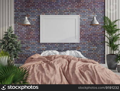 3D illustration Mock up poster frame in bedroom interior, Decorated with beautiful and comfortable furniture, Rendering