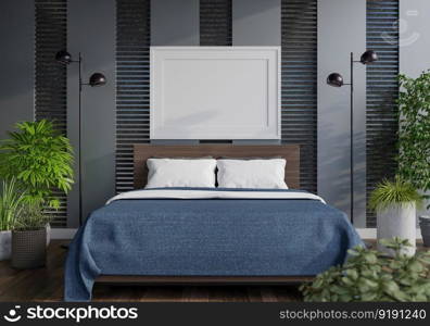 3D illustration Mock up poster frame in bedroom interior, Decorated with beautiful and comfortable furniture, Rendering