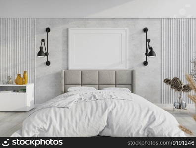 3D illustration Mock up poster frame in bedroom interior, Decorated with beautiful and comfortable furniture, Rendering