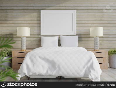 3D illustration Mock up poster frame in bedroom interior, Decorated with beautiful and comfortable furniture, Rendering