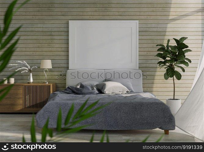 3D illustration Mock up poster frame in bedroom interior, Decorated with beautiful and comfortable furniture, Rendering