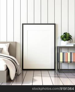 3D illustration Mock up poster frame in bedroom interior, Decorated with beautiful and comfortable furniture, Rendering