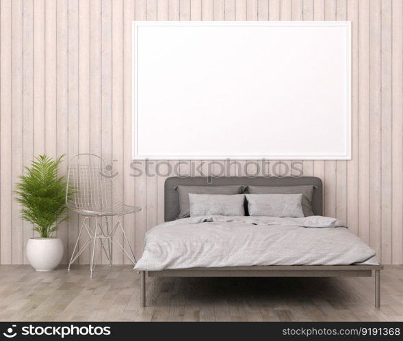 3D illustration Mock up poster frame in bedroom interior, Decorated with beautiful and comfortable furniture, Rendering