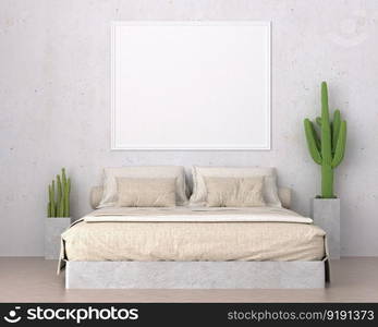 3D illustration Mock up poster frame in bedroom interior, Decorated with beautiful and comfortable furniture, Rendering