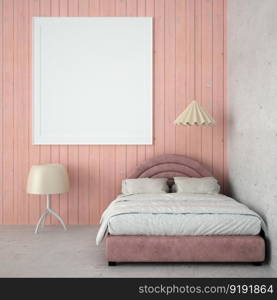 3D illustration Mock up poster frame in bedroom interior, Decorated with beautiful and comfortable furniture, Rendering