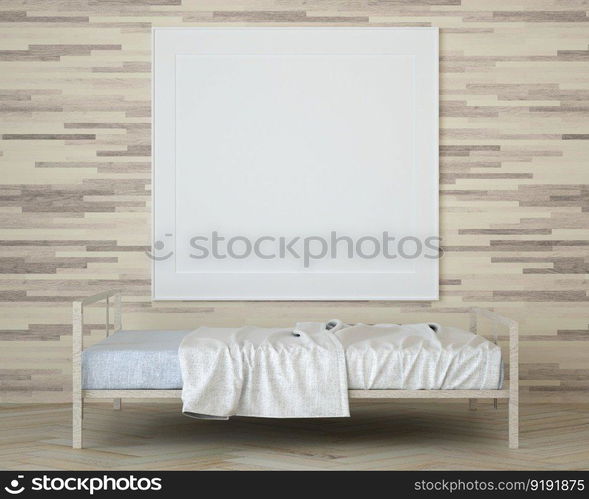 3D illustration Mock up poster frame in bedroom interior, Decorated with beautiful and comfortable furniture, Rendering