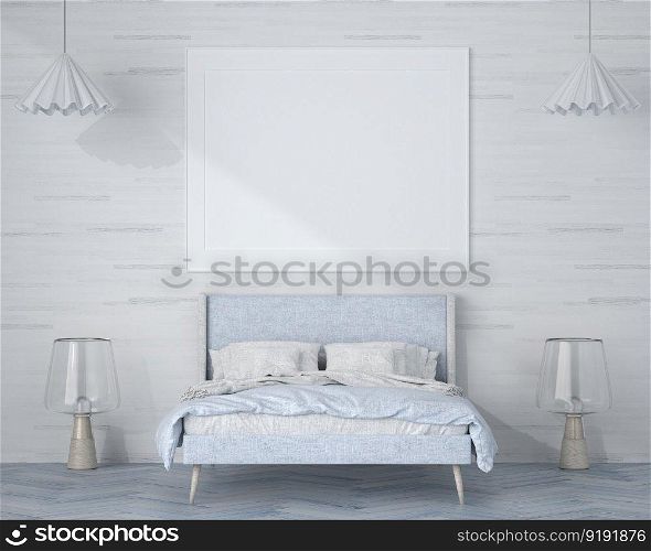 3D illustration Mock up poster frame in bedroom interior, Decorated with beautiful and comfortable furniture, Rendering