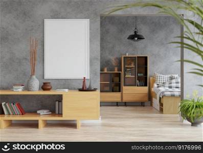 3D illustration Mock up poster frame over  wooden cabinet in bedroom interior, Decorated with beautiful and comfortable furniture, Rendering