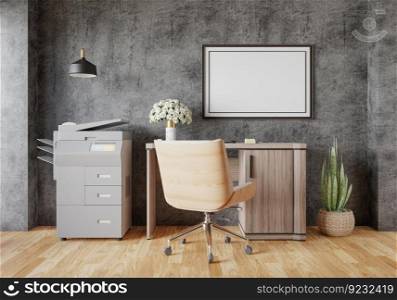 3D illustration  Mock up poster on concrete wall in Working place at modern home, interior with houseplant and wooden furniture,  decoration with table and chair on parquet floor, rendering