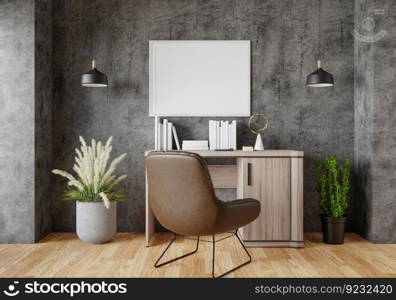 3D illustration  Mock up poster on concrete wall in Working place at modern home, interior with houseplant and wooden furniture,  decoration with table and chair on parquet floor, rendering