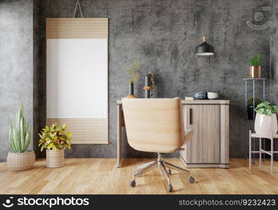 3D illustration  Mock up poster on concrete wall in Working place at modern home, interior with houseplant and wooden furniture,  decoration with table and chair on parquet floor, rendering