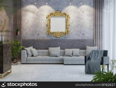 3D illustration mockup beautiful photo frame on the wall in living room, scandinavian style interior with cozy furniture and houseplant in natural decoration concept, rendering