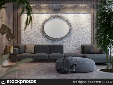 3D illustration mockup beautiful photo frame on the wall in living room, interior with cozy furniture and houseplant in natural decoration concept, rendering