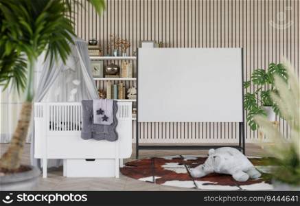 3D illustration mockup blank board with frame and stand in chirldren room or nursery at home, interior and decoration with cute furniture and soft for kids, rendering