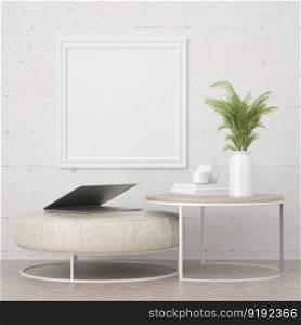 3D illustration mockup blank board with frame on the wall and plant pot, scandinavian style interior pastel colors and decoration, rendering
