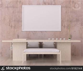3D illustration mockup blank board with frame on the wall in dining or meeting room, interior with wooden furniture decoration, rendering