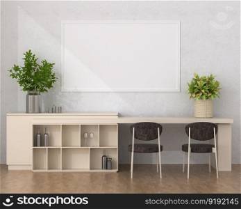 3D illustration mockup blank board with frame on the wall in dining room, scandinavian style interior with cozy furniture and plant in natural decoration, rendering