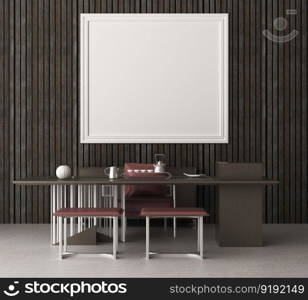 3D illustration mockup blank board with frame on the wall in dining room, scandinavian style interior with cozy furniture and plant in natural decoration, rendering