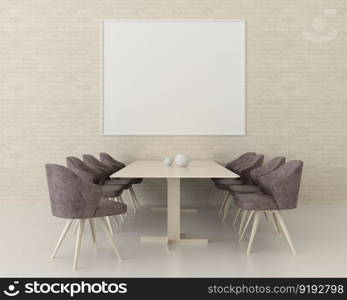 3D illustration mockup blank board with frame on the wall in dining or meeting room, scandinavian style interior with cozy furniture and plant in natural decoration, rendering