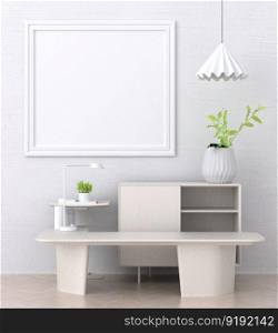 3D illustration mockup blank board with frame on the wall in living room, scandinavian style interior with cozy furniture and plant in natural decoration, rendering