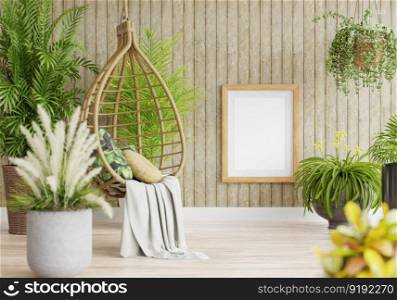 3D illustration mockup blank board with frame on the wall in Living room with hanging egg chair and plants, home interior scandinavian style, rendering