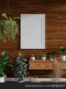 3D illustration mockup blank board with frame on the wall in living room, scandinavian style interior with plant pot and natural decoration, rendering