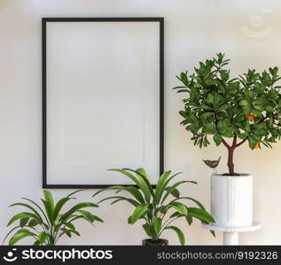 3D illustration mockup blank board with frame on the wall in living room, scandinavian style interior with plant pot and natural decoration, rendering