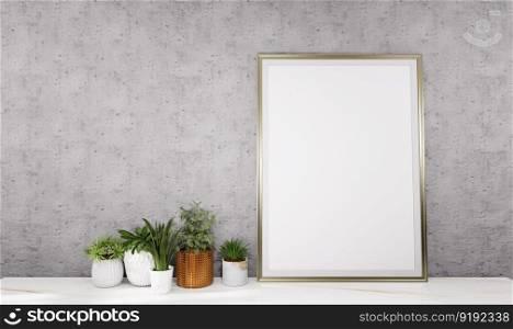 3D illustration mockup blank board with frame on the wall in living room, scandinavian style interior with plant pot and natural decoration, rendering