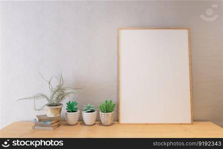 3D illustration mockup blank board with frame on the wall in living room, scandinavian style interior pastel colors and decoration, rendering