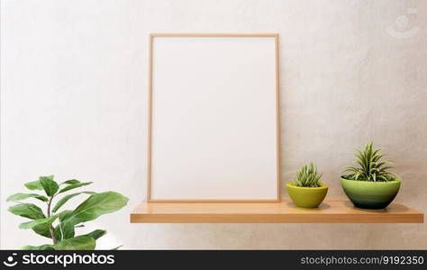 3D illustration mockup blank board with frame on the wall in living room, scandinavian style interior pastel colors and decoration, rendering