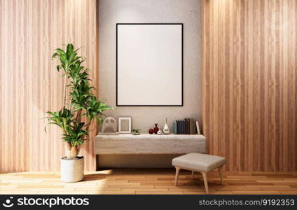 3D illustration mockup blank board with frame on the wall in living room, scandinavian style interior pastel colors and decoration, rendering