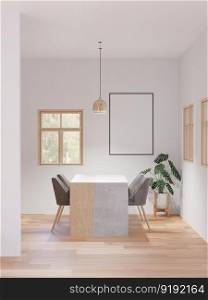 3D illustration mockup blank board with frame on the wall in meeting room, scandinavian style interior with cozy furniture and plant in natural decoration, rendering