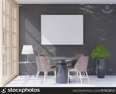 3D illustration mockup blank board with frame on the wall in meeting room, sunlight frome window, interior with furniture and plant in natural decoration, rendering