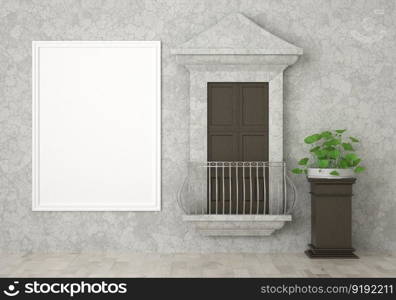 3D illustration mockup blank board with frame on the wall in restaurant of outdoor decorated with window and fence and plant in pot, rendering