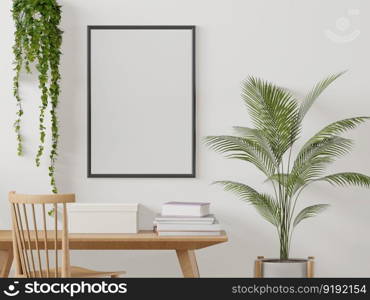 3D illustration mockup blank board with frame on the wall in working area in house, scandinavian style interior with cozy furniture and plant in natural decoration, rendering