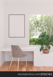 3D illustration mockup blank board with frame on the wall in working area in house, scandinavian style interior with cozy furniture and plant in natural decoration, rendering