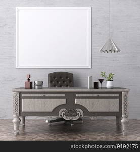 3D illustration mockup blank board with frame on the wall in working area in house, scandinavian style interior with cozy furniture and plant in natural decoration, rendering