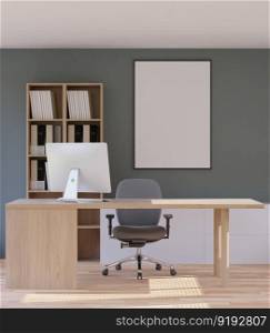 3D illustration mockup blank board with frame on the wall in working area, scandinavian style interior with wooden furniture decoration, rendering