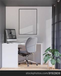 3D illustration mockup blank board with frame on the wall in working area in house, sunlight from window, furniture and houseplant decoration, rendering
