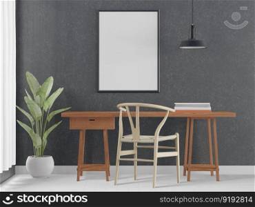 3D illustration mockup blank board with frame on the wall in working area in house, scandinavian style interior with cozy furniture and plant in natural decoration, rendering