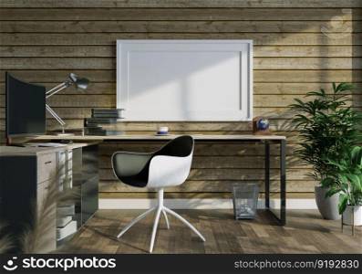 3D illustration mockup blank board with frame on the wall in working area in house, sunlight from window, rendering